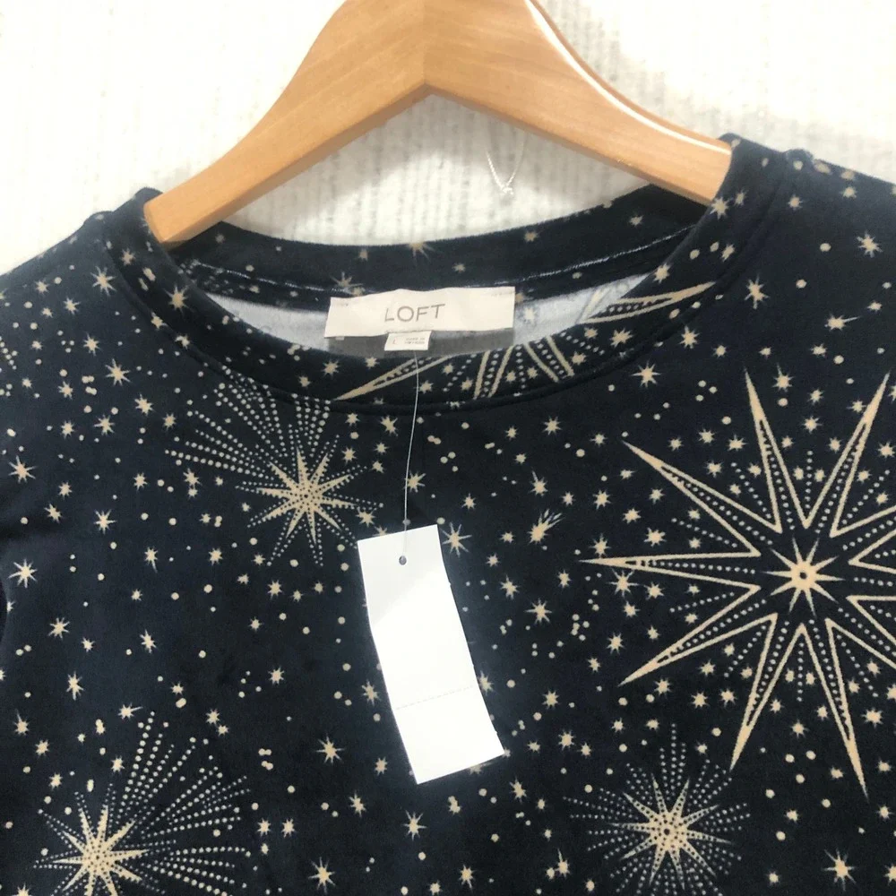 Loft Womens Celestial Starburst Puff Sleeve Velvet Top Navy Gold Large NWT